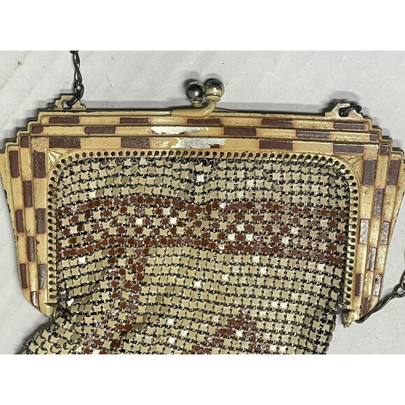 Antique 1920s Whiting and Davis Art Deco Enamel Mesh Purse Flapper Bag Tan Cream - Picture 3 of 7